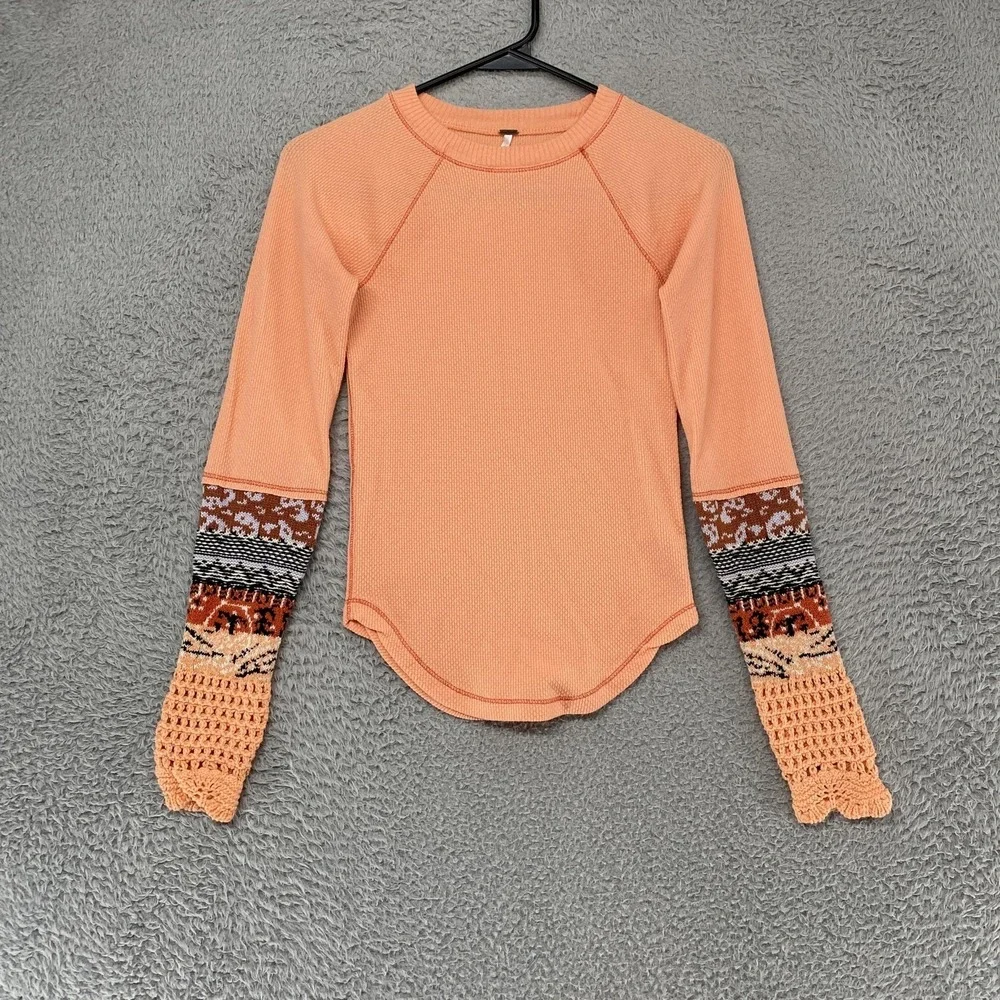 Free People Thermal Top‎ Womens XS Crochet Fair Isle Sleeve Cozy Waffle Boho